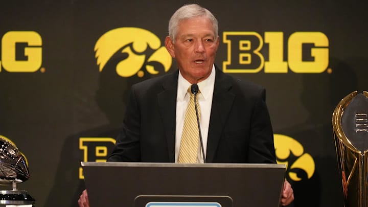 Jul 24, 2025; Las Vegas, NV, USA; Iowa head coach Kirk Ferentz speaks to the media during the Big Ten NCAA college football media days at Mandalay Bay Resort. Mandatory Credit: Lucas Peltier-Imagn Images