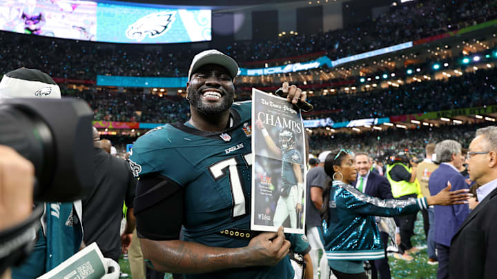 Feb 9, 2025; New Orleans, LA, USA; Philadelphia Eagles offensive tackle Mekhi Becton (77) celebrates after winning Super Bowl LIX at Caesars Superdome. Mandatory Credit: Geoff Burke-Imagn Images