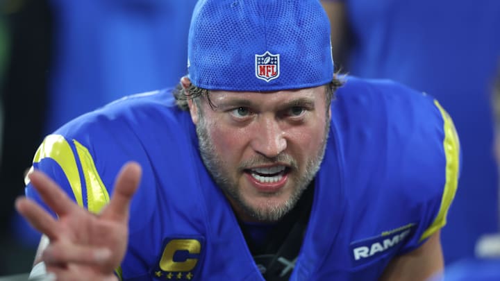  Los Angeles Rams quarterback Matthew Stafford (9) reacts during the first half in an NFC wild card game at State Farm Stadium. 