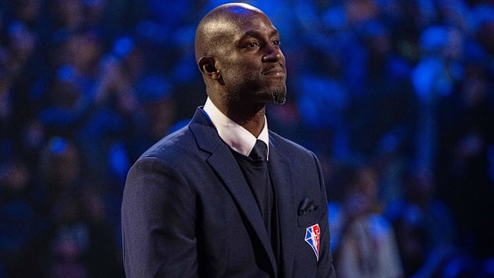 NBA great Kevin Garnett is honored for being selected to the NBA 75th Anniversary Team during halftime in the 2022 NBA All-Star Game at Rocket Mortgage FieldHouse. NBA great Kevin Garnett is honored for being selected to the NBA 75th Anniversary Team during halftime in the 2022 NBA All-Star Game at Rocket Mortgage FieldHouse.