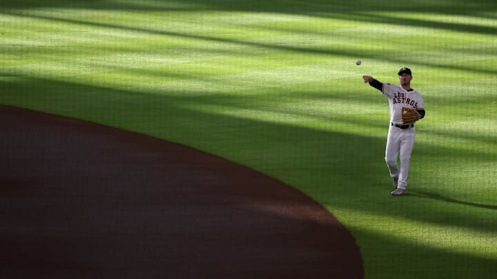 Sep 21, 2024; Houston, Texas, USA; Houston Astros third baseman Alex Bregman (2) warms up before playing against the Los Angeles Angels at Minute Maid Park. Mandatory Credit: Thomas Shea-Imagn Images