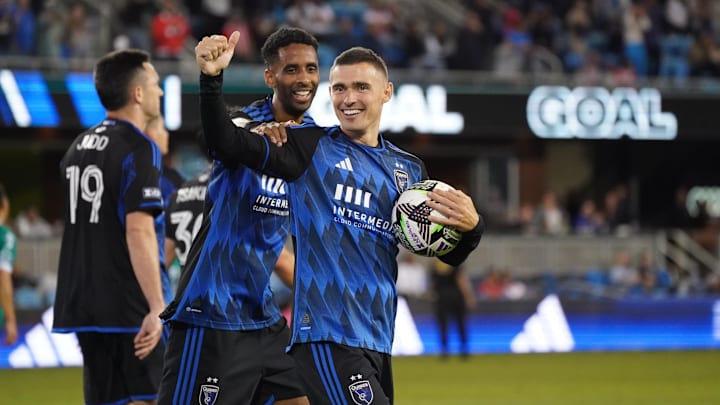 Aug 8, 2024; San Jose, California, USA;  San Jose Earthquakes defender Paul Marie (3) celebrates after scoring the fifth goal against Necaxa in the second half at PayPal Park. Mandatory Credit: David Gonzales-USA TODAY Sports