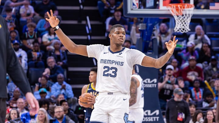 Oct 25, 2025; Memphis, Tennessee, USA; Memphis Grizzlies forward Cedric Coward (23) reacts after a three point basket against the Indiana Pacers during the second half at FedExForum. Mandatory Credit: Wesley Hale-Imagn Images
