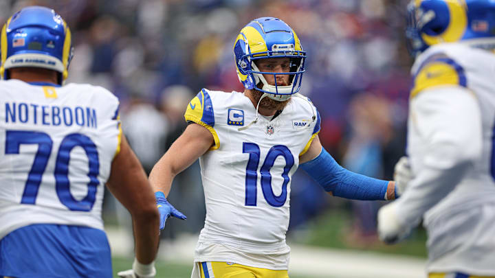 Dec 31, 2023; East Rutherford, New Jersey, USA; Los Angeles Rams wide receiver Cooper Kupp (10) greets offensive tackle Joe Noteboom (70) and teammates running onto the field before the game against the New York Giants at MetLife Stadium. Mandatory Credit: Vincent Carchietta-Imagn Images Dec 31, 2023; East Rutherford, New Jersey, USA; Los Angeles Rams wide receiver Cooper Kupp (10) greets offensive tackle Joe Noteboom (70) and teammates running onto the field before the game against the New York Giants at MetLife Stadium. Mandatory Credit: Vincent Carchietta-Imagn Images