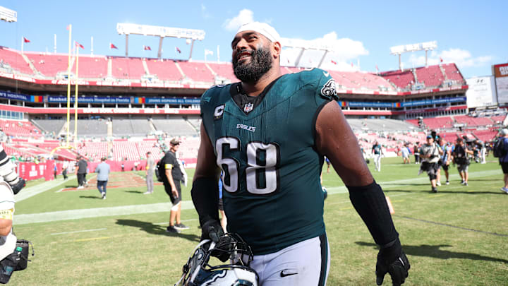 Sep 28, 2025; Tampa, Florida, USA; Philadelphia Eagles offensive tackle Jordan Mailata (68) smiles after the game against the Tampa Bay Buccaneers at Raymond James Stadium. Mandatory Credit: Kim Klement Neitzel-Imagn Images Sep 28, 2025; Tampa, Florida, USA; Philadelphia Eagles offensive tackle Jordan Mailata (68) smiles after the game against the Tampa Bay Buccaneers at Raymond James Stadium. Mandatory Credit: Kim Klement Neitzel-Imagn Images