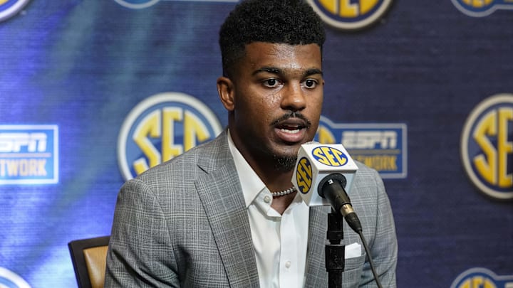 Jul 20, 2022; Atlanta, GA, USA; Arkansas player Jalen Catalon is interviewed during SEC Media Days at the College Football Hall of Fame. Mandatory Credit: Dale Zanine-Imagn Images