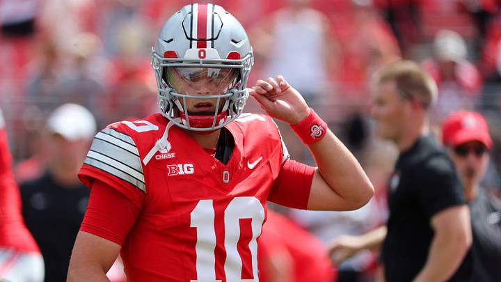 Sep 5, 2026; Columbus, Ohio, USA;  Ohio State Buckeyes quarterback Julian Sayin (10) warms up before the game against the Ball State Cardinals at Ohio Stadium.  Mandatory Credit: Joseph Maiorana-Imagn Images