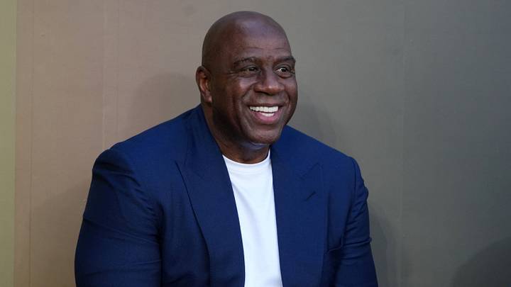 Feb 22, 2026; Los Angeles, CA, USA; Magic Johnson at unveiling of statue of former Los Angeles Lakers coach Pat Riley at the Crypto.com Arena. Mandatory Credit: Kirby Lee-Imagn Images Feb 22, 2026; Los Angeles, CA, USA; Magic Johnson at unveiling of statue of former Los Angeles Lakers coach Pat Riley at the Crypto.com Arena. Mandatory Credit: Kirby Lee-Imagn Images