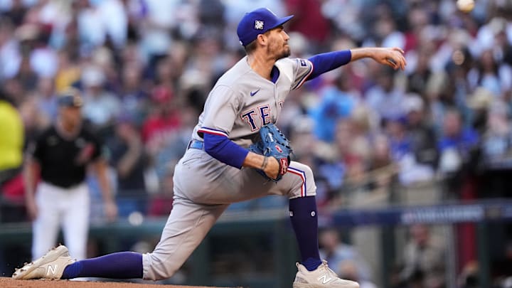 Oct 31, 2023; Phoenix, Arizona, USA; Texas Rangers starting pitcher Andrew Heaney (44) throws a