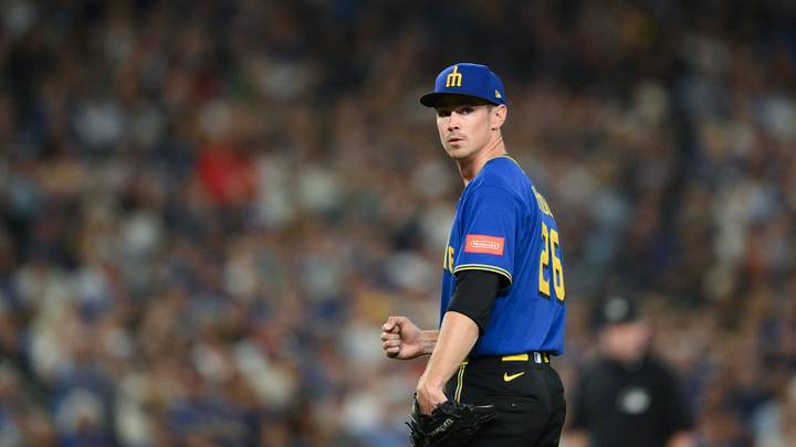 Aug 21, 2026; Seattle, Washington, USA; Seattle Mariners starting pitcher Emerson Hancock (26) reacts to the final out of  the fifth inning against the Chicago Cubs at T-Mobile Park. Mandatory Credit: Steven Bisig-Imagn Images