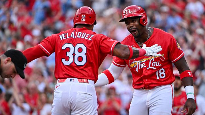 May 29, 2026; St. Louis, Missouri, USA; St. Louis Cardinals designated hitter Nelson Velazquez (38) celebrates with right fielder Jordan Walker (18) after hitting a three run home run against the Chicago Cubs during the first inning at Busch Stadium. Mandatory Credit: Jeff Curry-Imagn Images