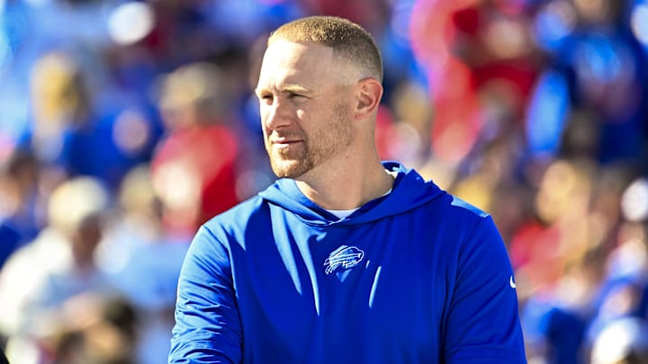 Oct 20, 2024; Orchard Park, New York, USA; Buffalo Bills offensive coordinator Joe Brady on th field before a game against the Tennessee Titans at Highmark Stadium. Mandatory Credit: Mark Konezny-Imagn Images