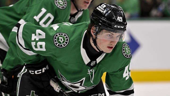 Jan 19, 2025; Dallas, Texas, USA; Dallas Stars center Justin Hryckowian (49) waits for the face-off against the Detroit Red Wings during the third period at the American Airlines Center. Mandatory Credit: Jerome Miron-Imagn Images