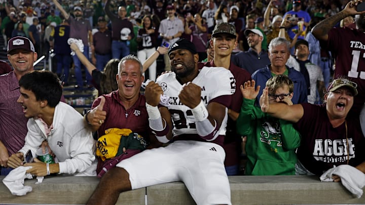 Sep 13, 2025; South Bend, Indiana, USA; Texas A&M Aggies running back Jamarion Morrow (23) celebrates after their win against the Notre Dame Fighting Irish at Notre Dame Stadium. Mandatory Credit: Michael Caterina-Imagn Images