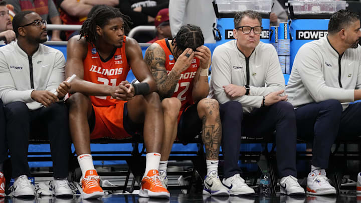 Mar 23, 2025; Milwaukee, WI, USA;  Illinois Fighting Illini forward Morez Johnson Jr. (21) and Illinois Fighting Illini guard Tre White (22) react on the bench during the second half in the second round of the NCAA Tournament against the Kentucky Wildcats at Fiserv Forum. Mandatory Credit: Jeff Hanisch-Imagn Images