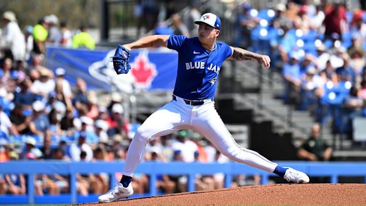 Dunedin, Florida, USA; Toronto Blue Jays pitcher Ricky Tiedemann (70) throws a pitch in the first inning of the spring training game against the Detroit Tigers at TD Ballpark.