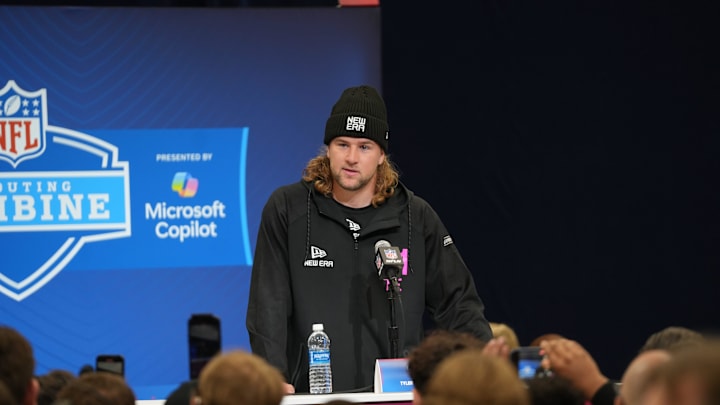 Penn State tight end Tyler Warren speaks to the media at the 2025 NFL Combine. Penn State tight end Tyler Warren speaks to the media at the 2025 NFL Combine.