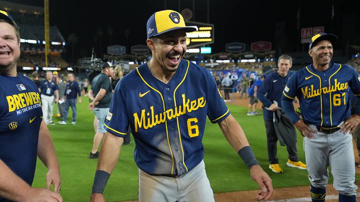 Oct 15, 2026; Los Angeles, California, USA; Milwaukee Brewers third baseman David Hamilton (6) celebrates after winning the NLCS for the 2026 MLB Playoffs against the Los Angeles Dodgers at Uniqlo Field at Dodger Stadium. Mandatory Credit: Kirby Lee-Imagn Images Oct 15, 2026; Los Angeles, California, USA; Milwaukee Brewers third baseman David Hamilton (6) celebrates after winning the NLCS for the 2026 MLB Playoffs against the Los Angeles Dodgers at Uniqlo Field at Dodger Stadium. Mandatory Credit: Kirby Lee-Imagn Images
