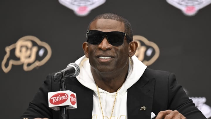 Jul 10, 2024; Las Vegas, NV, USA; Colorado Buffaloes head coach Deion Sanders speaks to the media during the Big 12 Media Days at Allegiant Stadium.