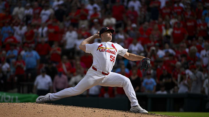 Sep 22, 2024; St. Louis, Missouri, USA; St. Louis Cardinals relief pitcher Ryan Helsley (56) pitches against the Cleveland Guardians during the ninth inning at Busch Stadium. Mandatory Credit: Jeff Curry-Imagn Images