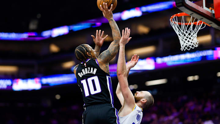 Mar 10, 2026; Sacramento, California, USA; Sacramento Kings guard DeMar DeRozan (10) shoots the ball against Indiana Pacers center Jay Huff (32) during the second quarter at Golden 1 Center. Mandatory Credit: Sergio Estrada-Imagn Images
