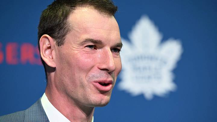May 4, 2026; Toronto, Ontario, CANADA;  Toronto Maple Leafs general manager John Chayka speaks to the media during an introductory news conference at Real Sports Bar and Grill. Mandatory Credit: Dan Hamilton-Imagn Images