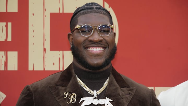 Apr 24, 2025; Green Bay, WI, USA; Alabama Crimson Tide offensive guard Tyler Booker on the red carpet before the 2025 NFL Draft at Lambeau Field. Mandatory Credit: Kirby Lee-Imagn Images