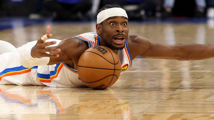Mar 17, 2026; Orlando, Florida, USA; Oklahoma City Thunder guard Shai Gilgeous-Alexander (2) reacts after a loose ball against the Orlando Magic in the second quarter at Kia Center. Mandatory Credit: Nathan Ray Seebeck-Imagn Images
