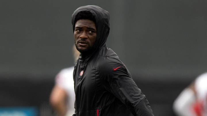 Jul 24, 2025; Santa Clara, CA, USA; San Francisco 49ers wide receiver Brandon Aiyuk works out with his teammates during the second day of training camp. Mandatory Credit: D. Ross Cameron-Imagn Images