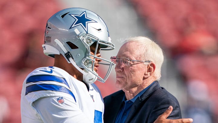 August 10, 2019; Santa Clara, CA, USA; Dallas Cowboys quarterback Dak Prescott (4) and owner Jerry
