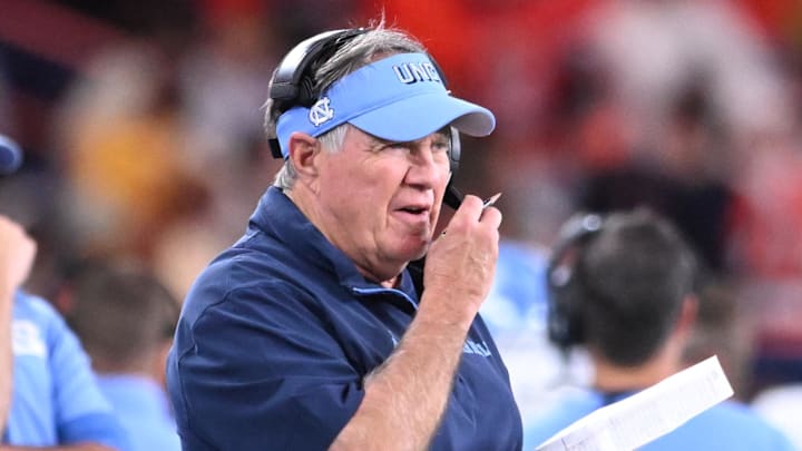 Oct 31, 2025; Syracuse, New York, USA; North Carolina Tar Heels head coach Bill Belichick on the sidelines in the second quarter against the Syracuse Orange at the JMA Wireless Dome. Mandatory Credit: Mark Konezny-Imagn Images