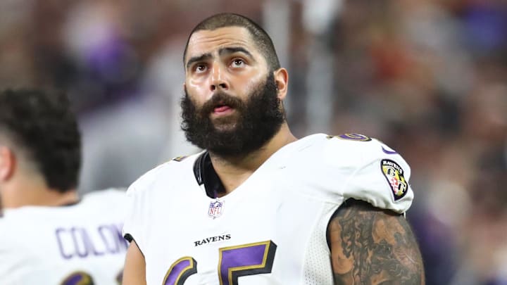 Sep 13, 2021; Paradise, Nevada, USA; Baltimore Ravens guard Patrick Mekari (65) against the Las Vegas Raiders during Monday Night Football at Allegiant Stadium. Mandatory Credit: Mark J. Rebilas-Imagn Images