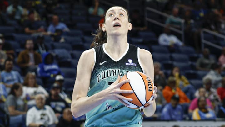 Sep 11, 2025; Chicago, Illinois, USA; New York Liberty forward Breanna Stewart (30) goes to the basket against the Chicago Sky during the first half at Wintrust Arena. Mandatory Credit: Kamil Krzaczynski-Imagn Images