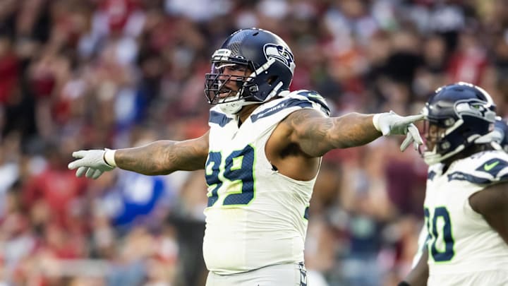 Dec 8, 2024; Glendale, Arizona, USA; Seattle Seahawks defensive end Leonard Williams (99) celebrates against the Arizona Cardinals at State Farm Stadium. Mandatory Credit: Mark J. Rebilas-Imagn Images Dec 8, 2024; Glendale, Arizona, USA; Seattle Seahawks defensive end Leonard Williams (99) celebrates against the Arizona Cardinals at State Farm Stadium. Mandatory Credit: Mark J. Rebilas-Imagn Images