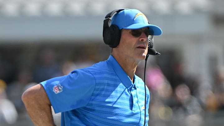 Sep 22, 2024; Pittsburgh, Pennsylvania, USA; Los Angeles Chargers head coach Jim Harbaugh reacts during the third quarter against the Pittsburgh Steelers at Acrisure Stadium. Mandatory Credit: Barry Reeger-Imagn Images