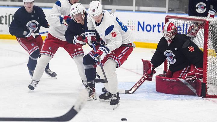 NY Rangers prospect, and first round draft pick, Alberts Šmits (63) works against Felix Farhammar (56) during a prospect development camp at the NY Rangers practice facility in Elmsford on Wednesday, July 1, 2026. NY Rangers prospect, and first round draft pick, Alberts Šmits (63) works against Felix Farhammar (56) during a prospect development camp at the NY Rangers practice facility in Elmsford on Wednesday, July 1, 2026.