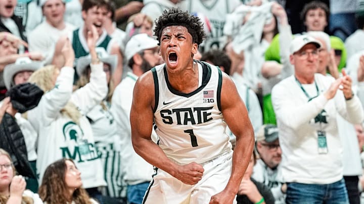 Michigan State guard Jeremy Fears Jr. (1) celebrates a play against Michigan during the second half at Breslin Center in East Lansing on Friday, Jan. 30, 2026. Michigan State guard Jeremy Fears Jr. (1) celebrates a play against Michigan during the second half at Breslin Center in East Lansing on Friday, Jan. 30, 2026.