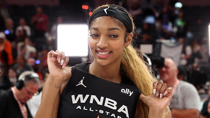 Jul 19, 2025; Indianapolis, IN, USA; Team Collier forward Angel Reese (5) celebrates after defeating Team Clark in the 2025 WNBA All Star Game at Gainbridge Fieldhouse. Mandatory Credit: Trevor Ruszkowski-Imagn Images