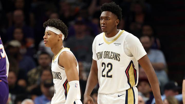 Nov 10, 2025; Phoenix, Arizona, USA; New Orleans Pelicans guard Jeremiah Fears (0) and center Derik Queen (22) against the Phoenix Suns at the Mortgage Matchup Center. Mandatory Credit: Mark J. Rebilas-Imagn Images Nov 10, 2025; Phoenix, Arizona, USA; New Orleans Pelicans guard Jeremiah Fears (0) and center Derik Queen (22) against the Phoenix Suns at the Mortgage Matchup Center. Mandatory Credit: Mark J. Rebilas-Imagn Images