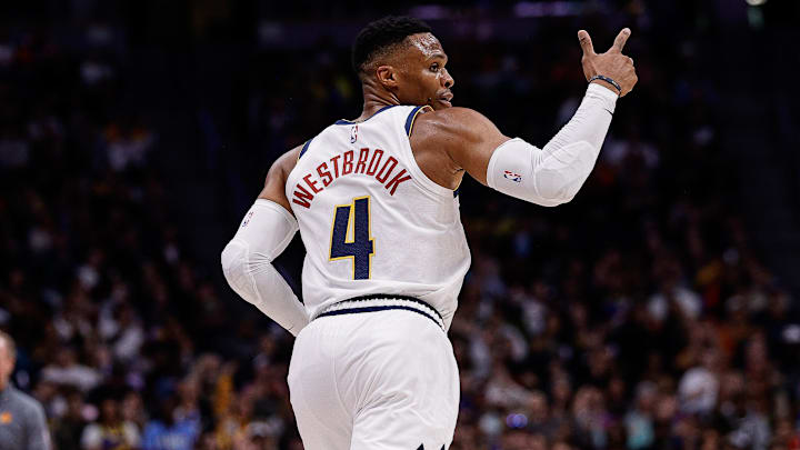 Oct 13, 2024; Denver, Colorado, USA; Denver Nuggets guard Russell Westbrook (4) gestures after a play in the third quarter against the Phoenix Suns at Ball Arena. Mandatory Credit: Isaiah J. Downing-Imagn Images Oct 13, 2024; Denver, Colorado, USA; Denver Nuggets guard Russell Westbrook (4) gestures after a play in the third quarter against the Phoenix Suns at Ball Arena. Mandatory Credit: Isaiah J. Downing-Imagn Images