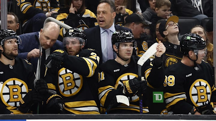 Oct 13, 2025; Boston, Massachusetts, USA; Boston Bruins head coach Marco Sturm talks to his players during the third period against the Tampa Bay Lightning at TD Garden. Mandatory Credit: Winslow Townson-Imagn Images
