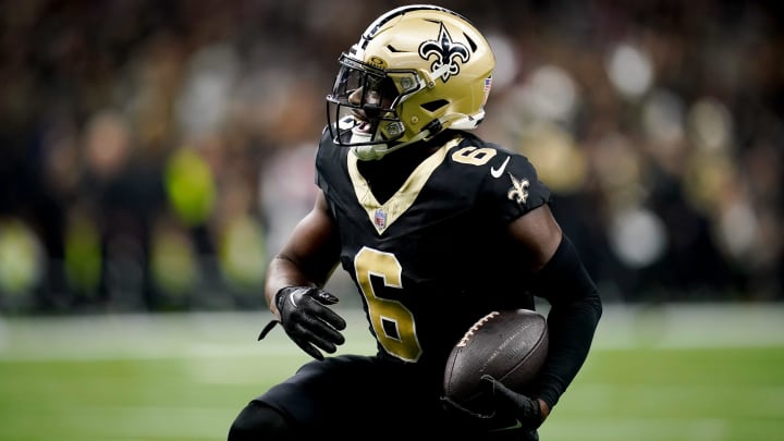 New Orleans Saints safety Marcus Maye reacts after intercepting a Tennessean Titans pass.