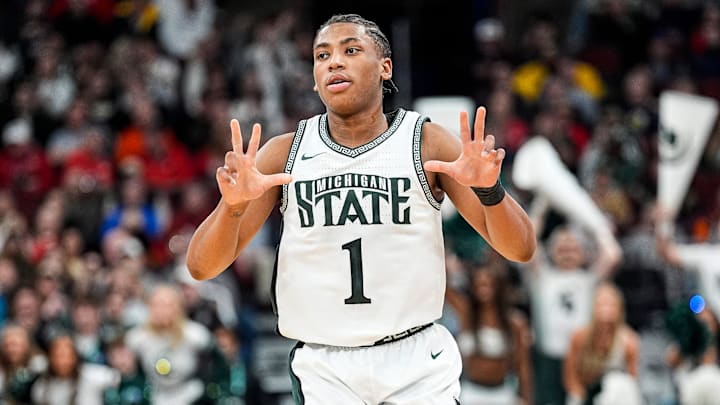 Michigan State guard Jeremy Fears Jr. celebrates a 3-pointer against UCLA during the first half of a Big Ten tournament quarterfinal at United Center in Chicago on Friday, March 13, 2026.