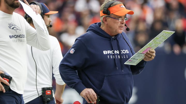 Dec 3, 2023; Houston, Texas, USA; Denver Broncos head coach Sean Payton looks at his play card while the Broncos play against the Houston Texans in the second quarter at NRG Stadium. Mandatory Credit: Thomas Shea-USA TODAY Sports
