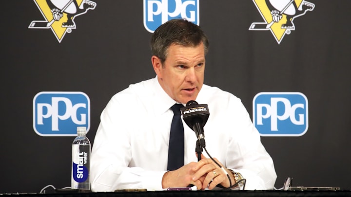 Feb 23, 2025; Pittsburgh, Pennsylvania, USA;  Pittsburgh Penguins head coach Mike Sullivan address the media after the game against the New York Rangers at PPG Paints Arena. Mandatory Credit: Charles LeClaire-Imagn Images