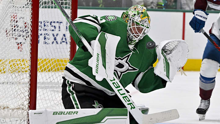 May 15, 2024; Dallas, Texas, USA; Dallas Stars goaltender Jake Oettinger (29) makes a save on a