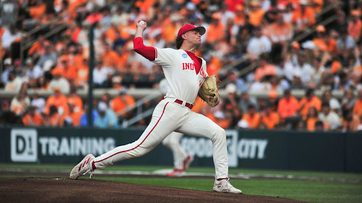 Indiana's Connor Foley (14) pitches during a NCAA Baseball Tournament Knoxville Regional game at Lindsey Nelson Stadium on Saturday, June 1, 2024 in Knoxville, Tenn.