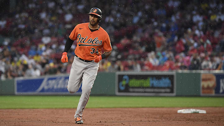 Sep 9, 2023; Boston, Massachusetts, USA;  Baltimore Orioles center fielder Aaron Hicks (34) rounds second base during a game at Fenway Park against the Boston Red Sox