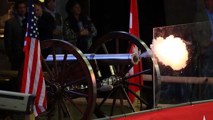 Jan 25, 2015; Columbus, OH, USA; The Columbus Blue Jackets goal cannon is fired after a goal by Team Foligno in the second period in the 2015 NHL All Star Game at Nationwide Arena. Mandatory Credit: Andrew Weber-Imagn Images