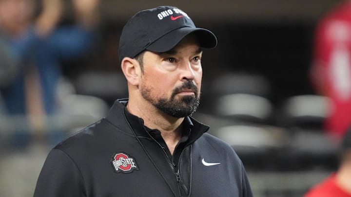Dec 31, 2025; Arlington, TX, USA; Ohio State Buckeyes head coach Ryan Day looks on during warm ups before the 2025 Cotton Bowl and quarterfinal game of the College Football Playoff at AT&T Stadium. Mandatory Credit: Raymond Carlin III-Imagn Images
